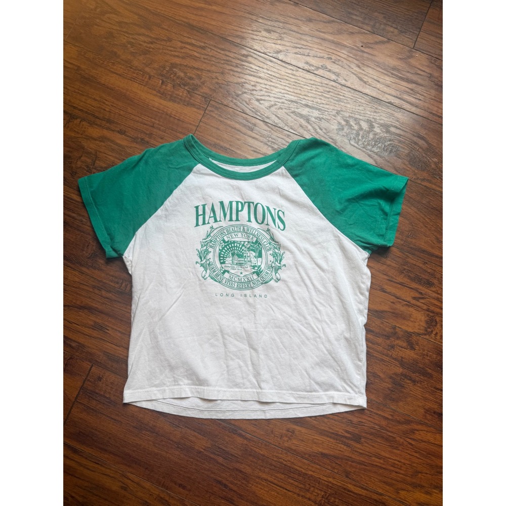 Hollister Womens M Hamptons Graphic Crop Baby Tee Raglan Green White Y2K